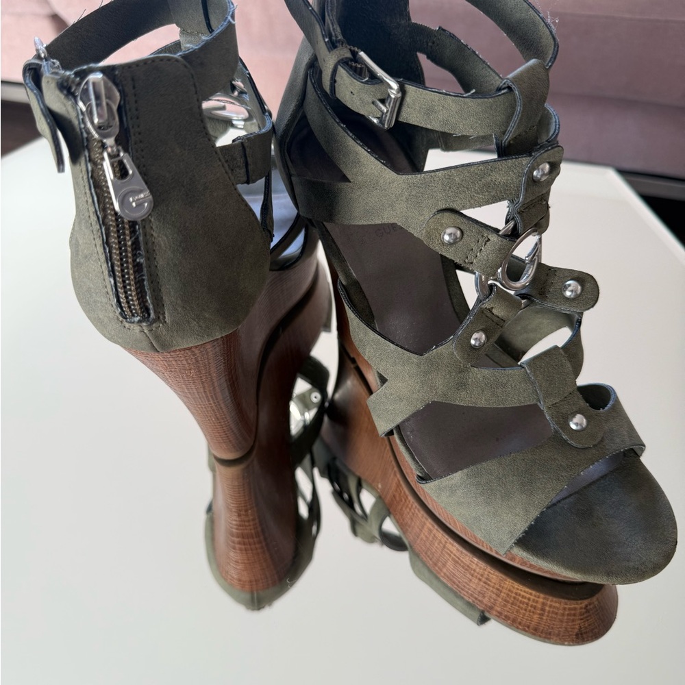 Guess Olive Green Suede Gladiator Wedge Sandals